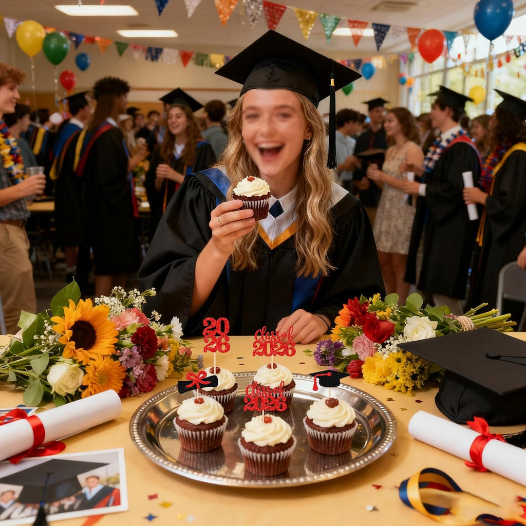 36 PCS 2026 Graduation Theme Cupcake Toppers Glitter Class of 2026 Grad Cap Diploma Cupcake Picks 2026 Graduation Theme Party Cake Decorations Supplies Red