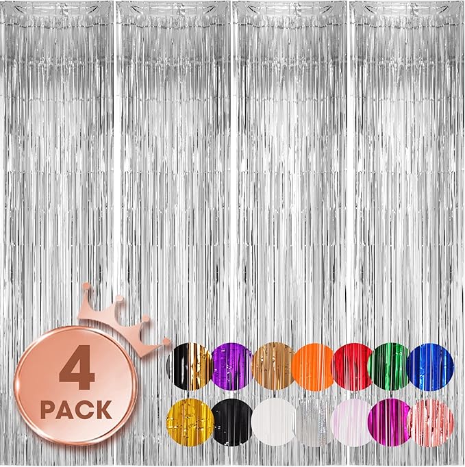 4 Pack Silver Foil Fringe Backdrop Curtains, Tinsel Streamers Birthday Party Decorations, Fringe Backdrop for Graduation, Baby Shower, Gender Reveal, Disco Party