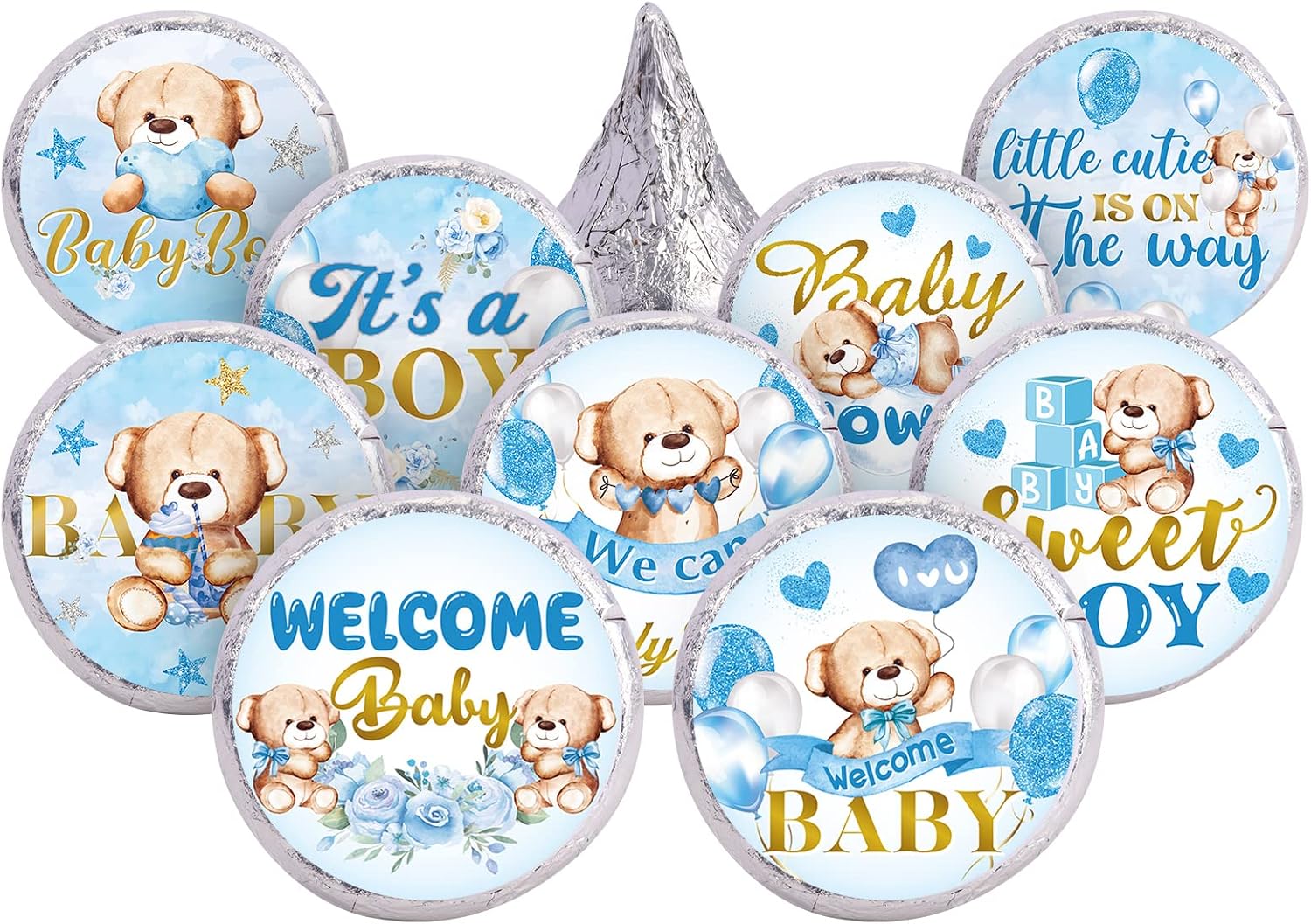 Clabby 504 Pieces Boy Girl Baby Shower Favors Stickers Mini Kisses Candy Stickers Chocolate Drop Labels Wrappers Little Cutie Baby Shower Decoration for Sprinkle Birthday Party(Blue Bear)