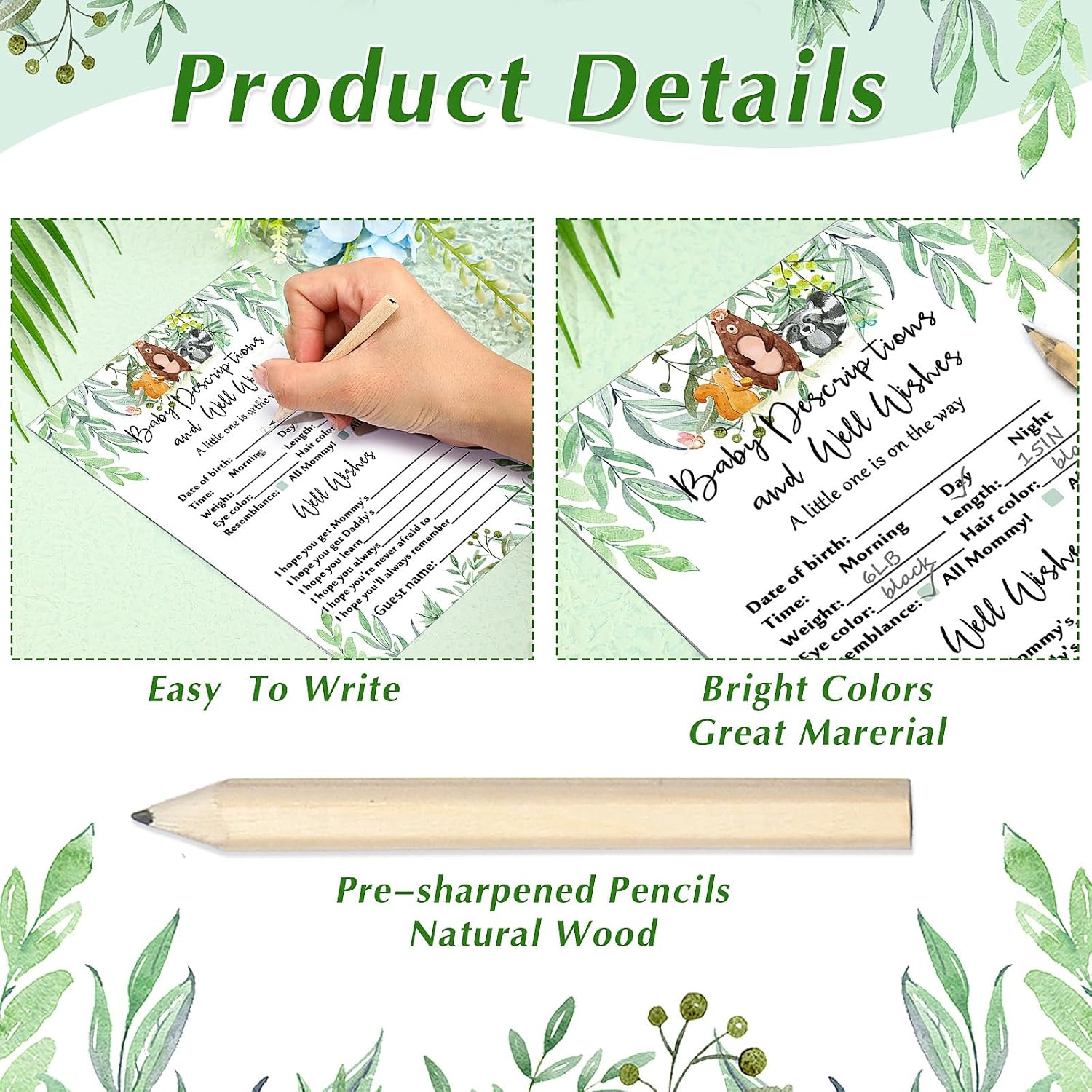 Gersoniel 135 Pieces Woodland Baby Shower Game Cards Forest Animals Baby Shower 5 Set (25 Cards Each) with 10 Pencils Predict Who Mommy or Daddy Well Wishes Woodland Creatures Theme for Boy Girl