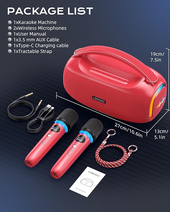 Karaoke Machine for Adults and Kids,Portable Bluetooth 2 Wireless Karaoke Microphone with Holder/USB/TF Card/AUX-in, IPX5 PA Speaker System for Home Party, Picnic,Car,Outdoor/Indoor-Red