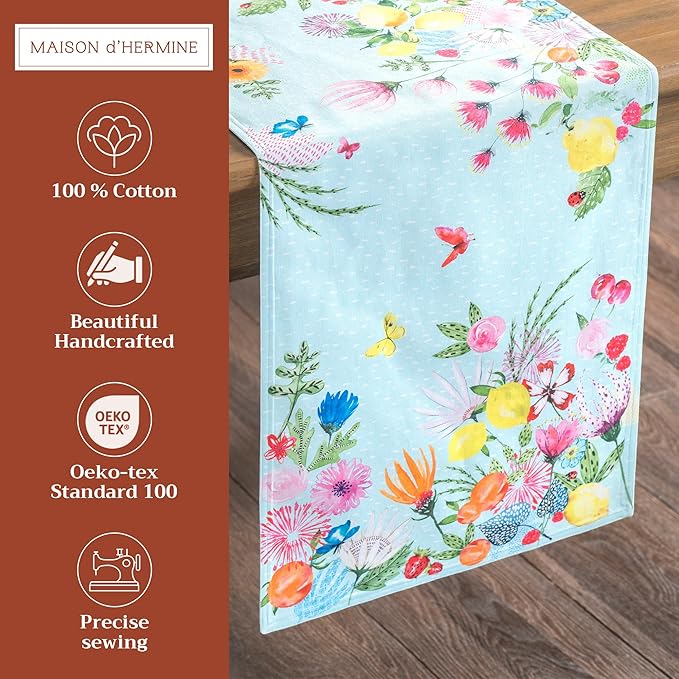 Maison d' Hermine Table Runner 100% Cotton Double Layer Table Runners 108 inches Long Decorative for Home Kitchen Dining Party Wedding Bridal Shower Spring Summer (Jardin D'Ete - Mint, 14.50" x 108")