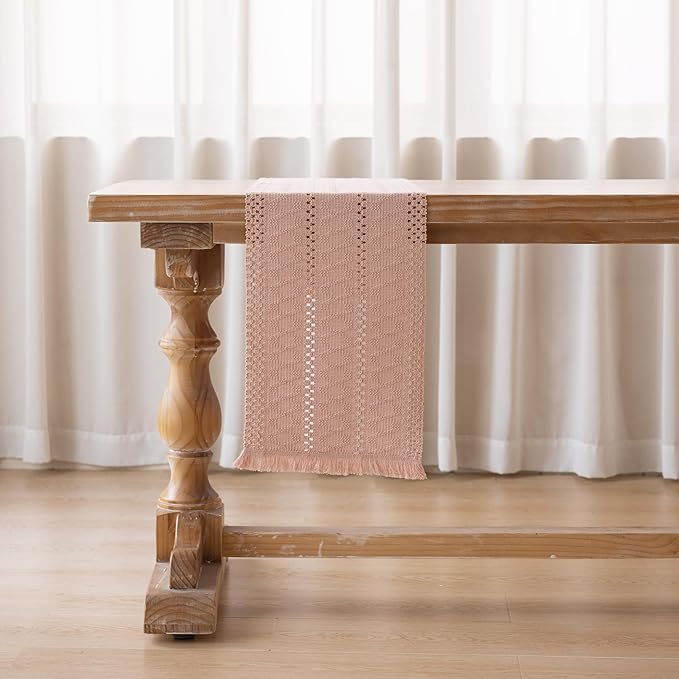 Boho Pink Table Runner for Home Decor 12x72 Inches Farmhouse Macrame Burlap Jute Rustic Dining Kitchen Centerpiece Bohemian Decor French Country Baby Bridal Shower Decorations