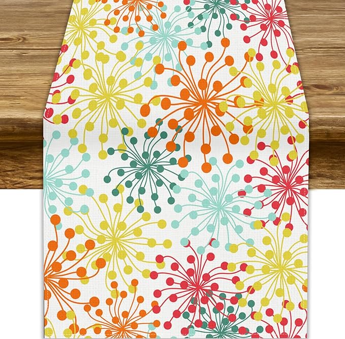 Mid Century Flower Table Runner, Colorful Geometric Abstract Chrysanthemum Vintage Farmhouse Decorations Orange Yellow Gray Table Runner for Kitchen Dining Holiday Party Decor, 13x90 Inch