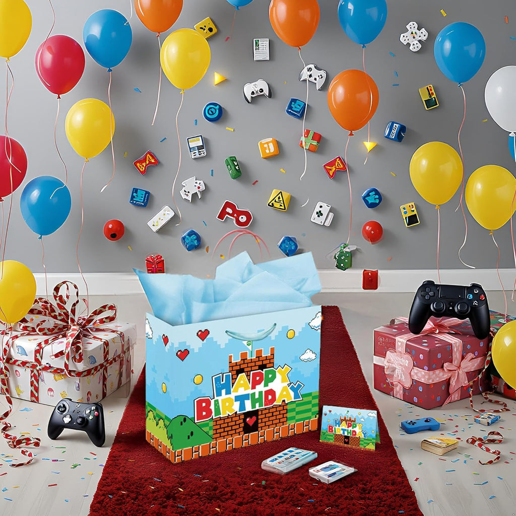 13" Large Super Brother Gift Bag Set with Greeting Card and Tissue Papers, Video Games Theme Happy Birthday Gift Bags for Birthday Party Celebration.