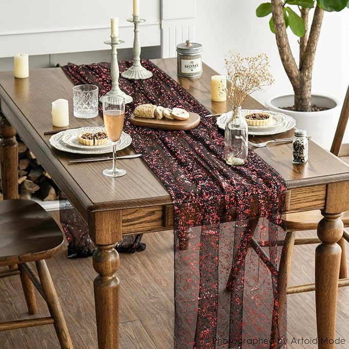 Artoid Mode 3PCS Black Red Gold Gauze Table Runner 120 Inch 10FT, Glitter Metallic Foil Sheer Dining Wedding Anniversary Holiday Table Decor for Home Party