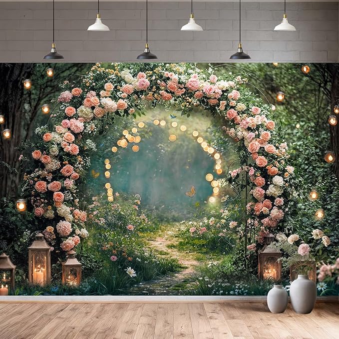 15x10ft Enchanted Forest Wedding Photography Backdrop Wonderland Roses Fairy Tale Backdrop Pink Flower Birthday Newborn Baby Shower Wedding Bridal Party Banner Photo Booth Props Anniversary Background