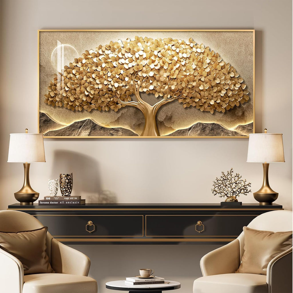 large framed modern gold tree of life wall, close-up detail