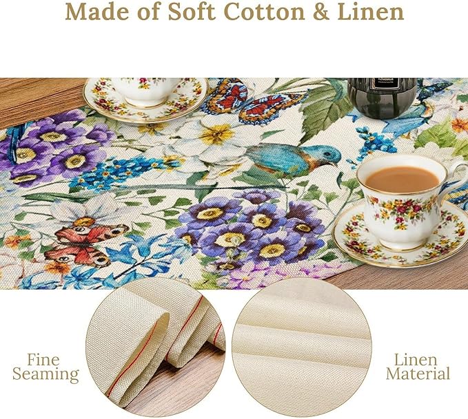 Brown Bird Floral Table Runner Spring Flower Kitchen Table Decoration Suitable for Family Dinner Decoration 13x70 Inch
