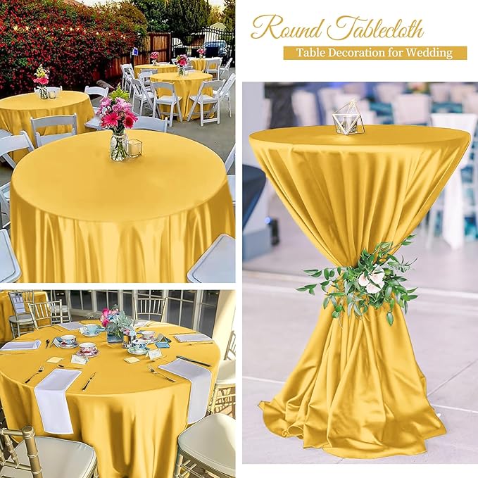 12 Pack 120 Inch Gold Satin Tablecloth - Premium Bright Silky Round Tablecloth Overlay Smooth Fabric Table Cover, Table Decoration for Wedding Party Banquet Events Restaurant Kitchen Dining