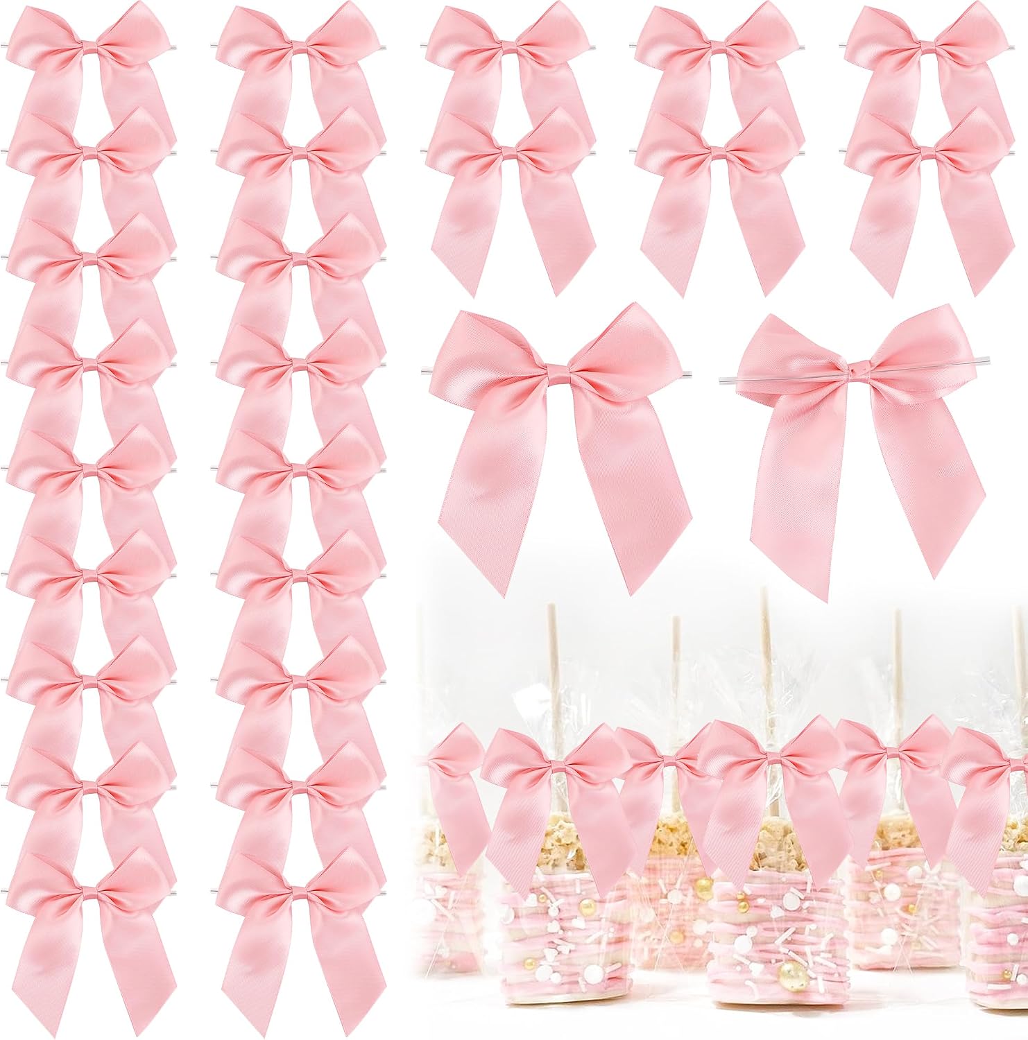 24 PCS Pink Bows for Gift Wrapping 4.5" Pre-Tied Twist Tie Bows Baby Pink Satin Ribbon Bow for Presents Candy Treat Bags Crafts Baby Shower Birthday Party Wedding Decor
