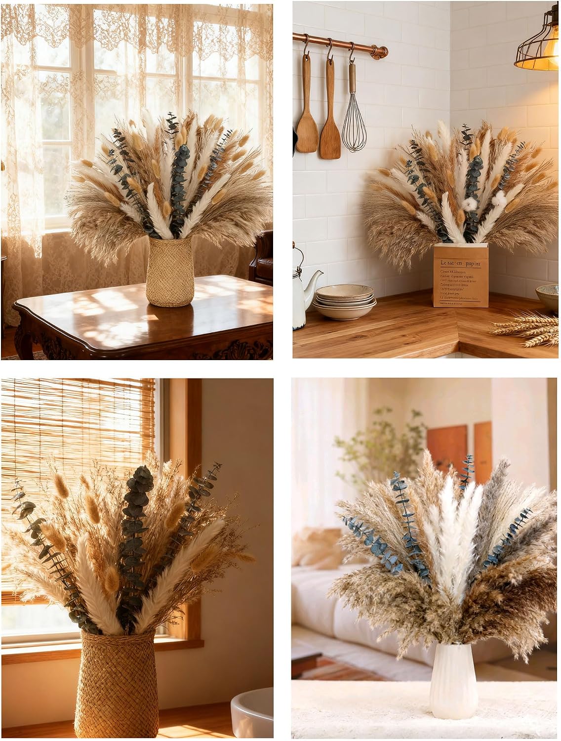xin's convey 120 PCS Dried Pampas Grass, Dried Flowers, Reed Grass Bouquet for Bohemian Flowers Home Table Wedding Decoration, Rustic Farmhour.(Light Brown)