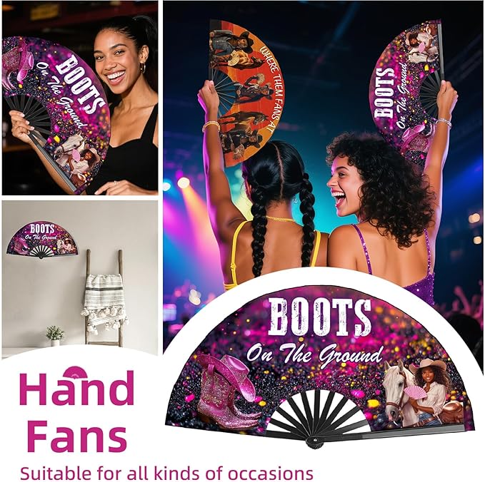 Boots on The Ground Hand Fan,2 Pack Clacking Fans for Line Dancing Folding Hand Classic,13'' Large Where Them Fans at Line Dance Popping Fan for Dance,Festival,Performance,Party