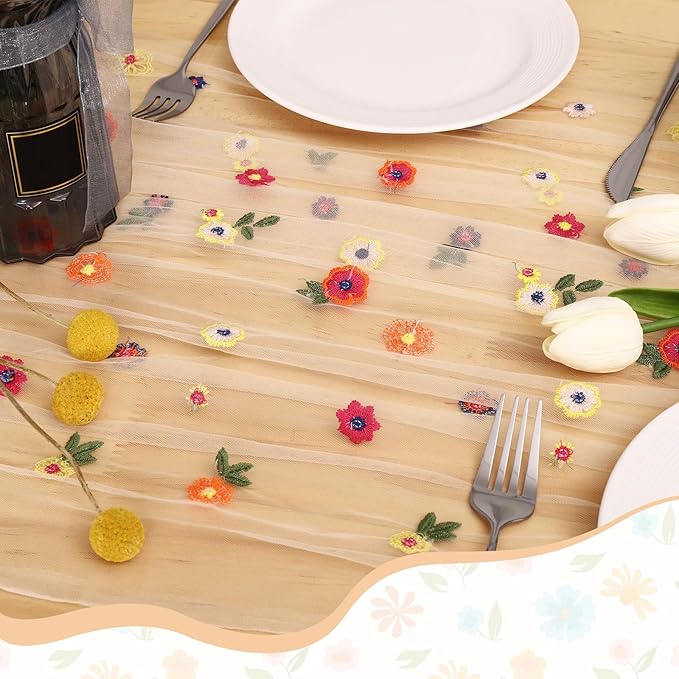BINBE 12pcs Daisy Fall Table Runner Embroidery Gauze 10FT Florals Seasonal Tulle Holiday Birthday Kitchen Dining Table Decor for Home Party Champagne