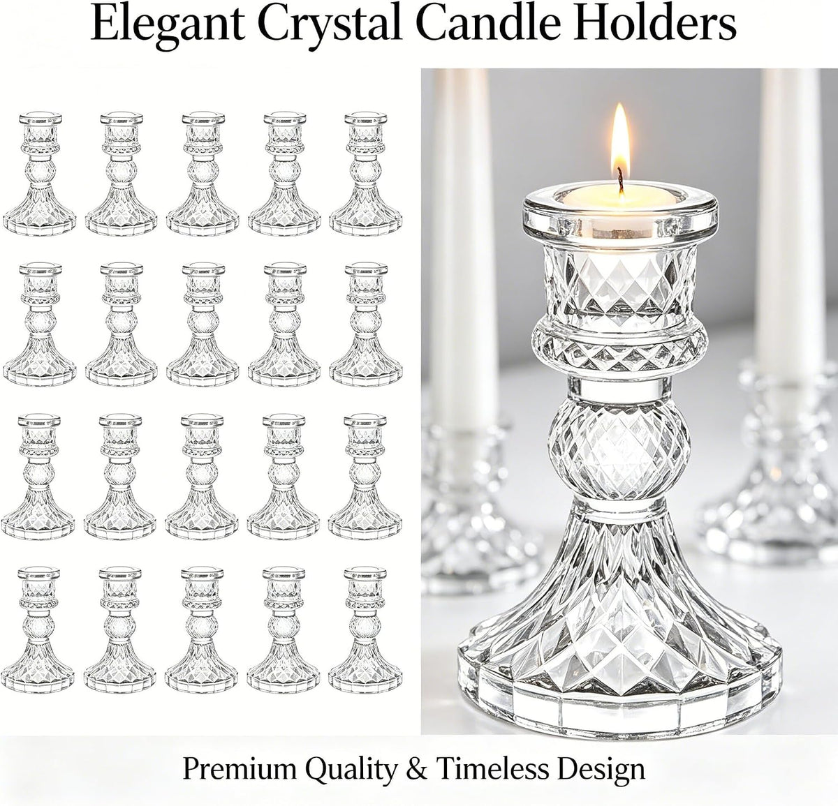 24 Pack Vintage Clear Glass Candlestick Holders, Elegant Crystal Taper Candle...