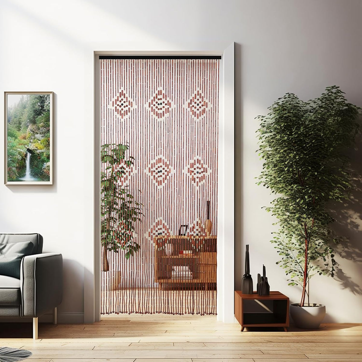 bamboo beaded curtains for doorways boho bead curtain, front angle view