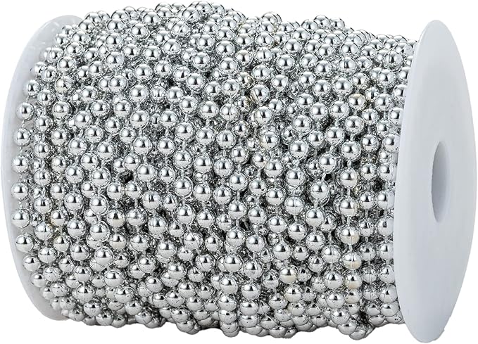 6mm Crafts Faux Pearl Beads Garland Pearl Bead Roll Strand of Pearls to Decorate Floral Centerpieces Wedding Party Favor Christmas Tree(82Feet Silver)