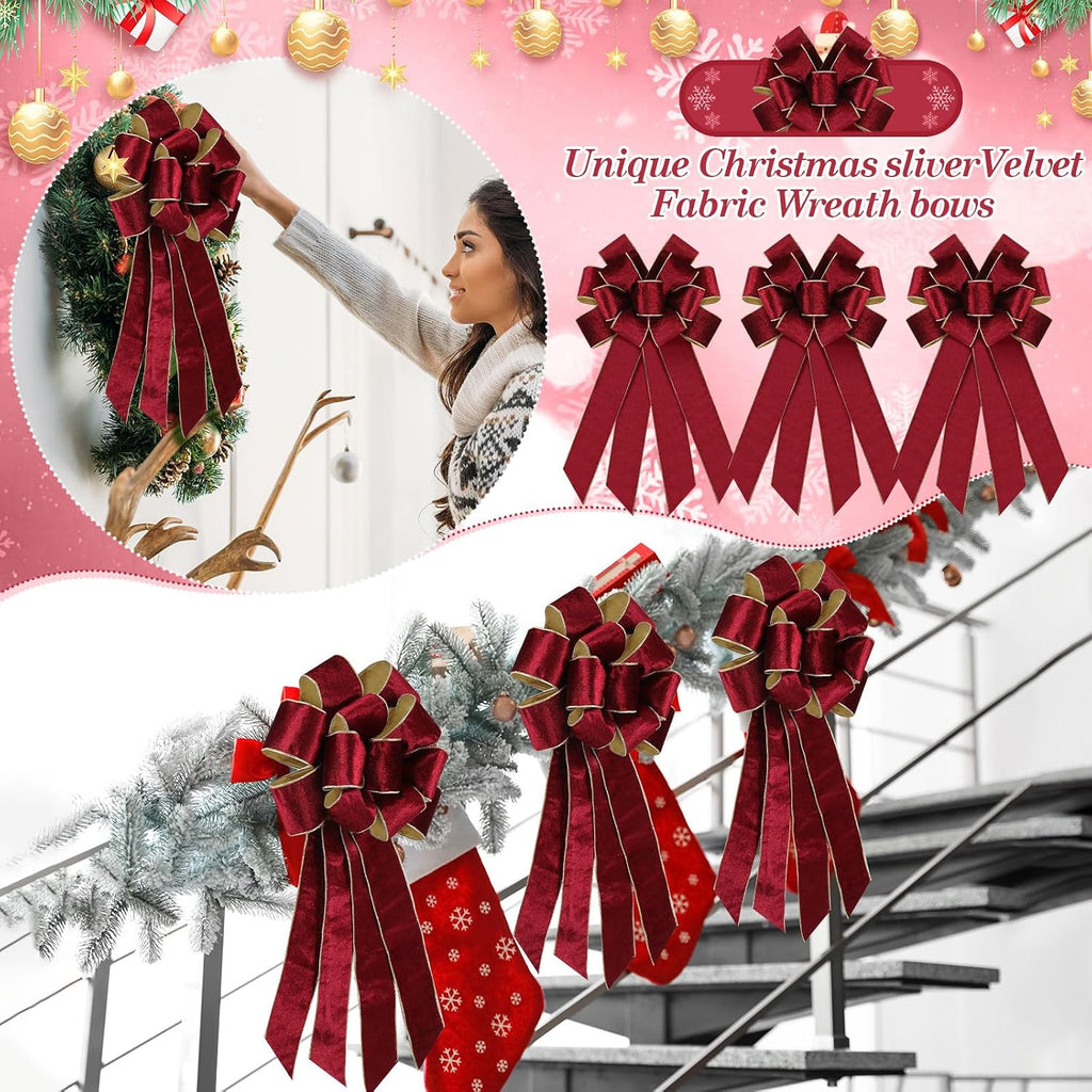 Yinkin 12 Pack Christmas Velvet Wreath Bows 11.4"x19.6" Large Christmas Tree Topper Bow for Winter Xmas Home Party Front Door Fireplace Stairs Railing Mailbox Decor (Wine)