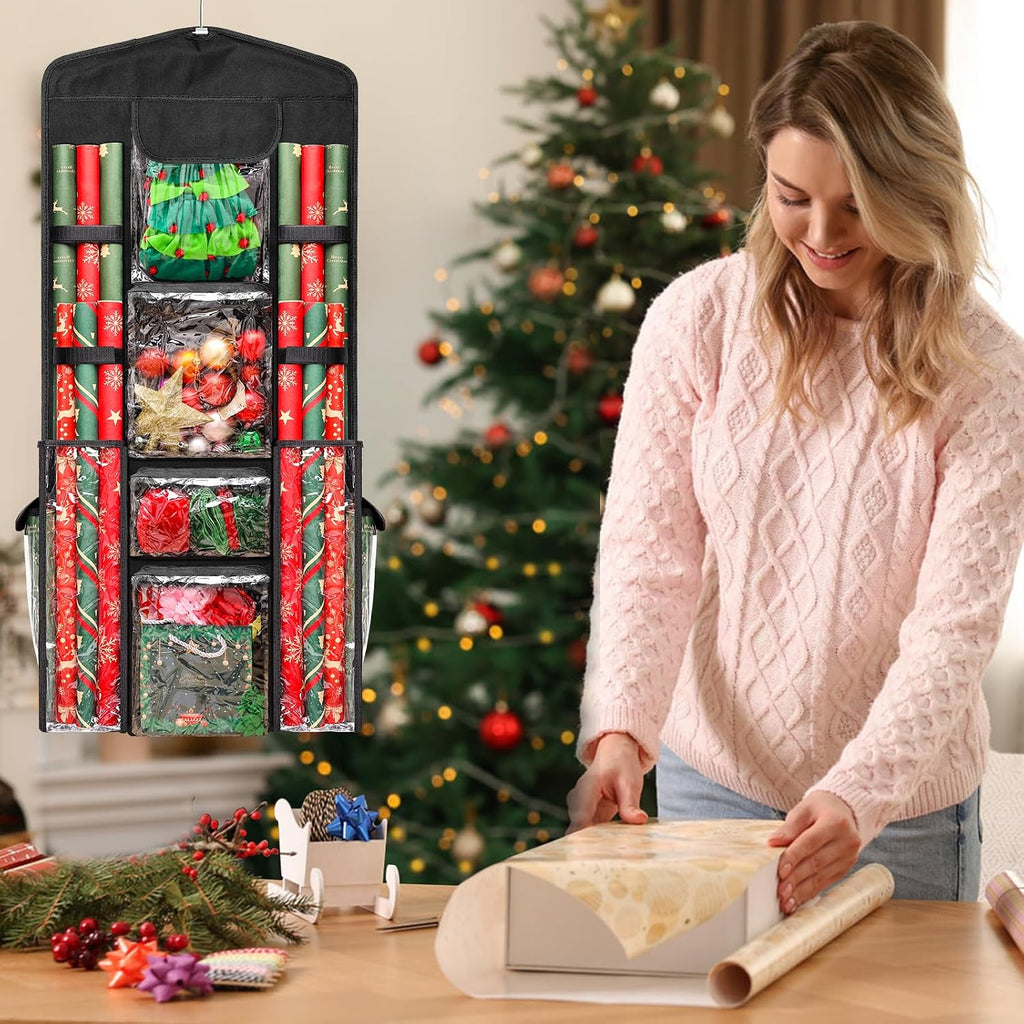 Wrapping Paper Organizer Storage, AHIER Hanging Double-Sided Gift Bag Storage Organizer with Multiple PVC Clear Pockets for Festival Christmas Wrapping Paper Storage(40"x17")