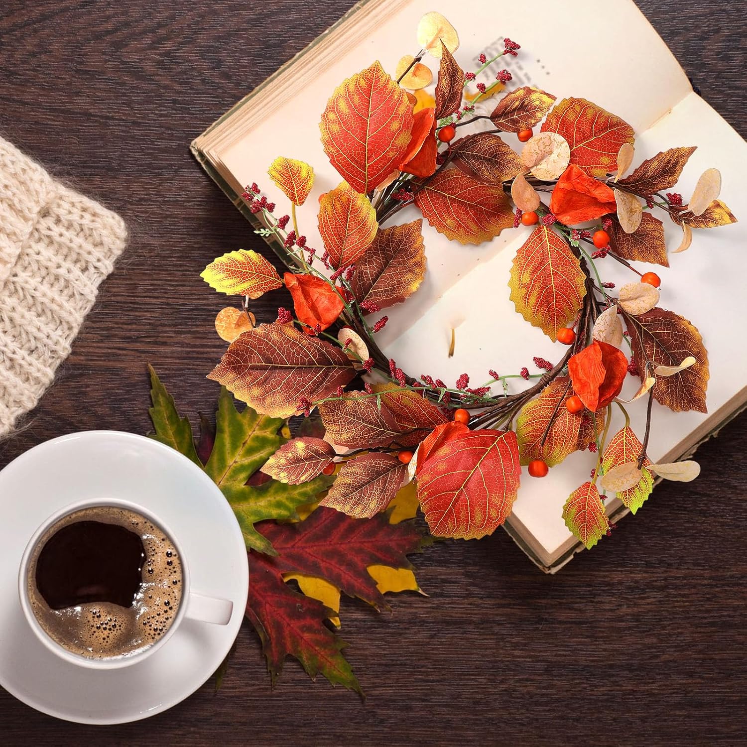 Suncalla Fall Candle Rings Wreath with Artificial Berry Leaf Acorn Wreath for Mini Candle Rings Thanksgiving Fall Wedding Rustic Seasonal Decoration(6.5'' Inner,Eucalyptus Berry,1 Pc)