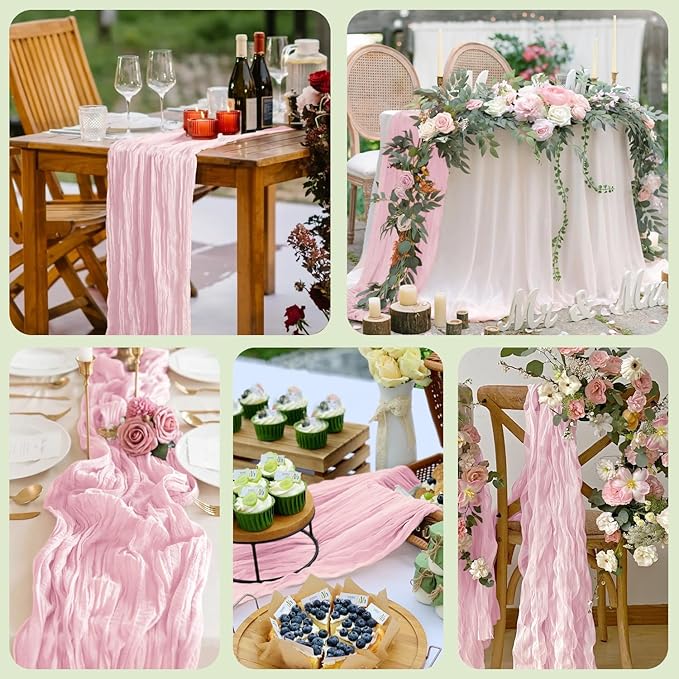 Asee'm 4pcs Cheesecloth Table Runner 120 Inches Blushing Pink Boho Gauze Cheese Cloth Runner 10FT Rustic Sheer Table Runners for Summer Wedding Baby Shower Holiday Party Decoration