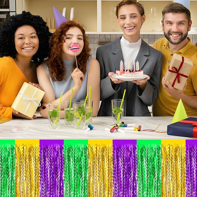 6 Pack 29x108 Inch Gold Green Purple Wave Foil Fringe Table Skirts Metallic Banner for Tinsel Streamer Garland Backdrop for Parade Floats Wedding, Mother's Day, Birthday Mardi Gras Party Decorations