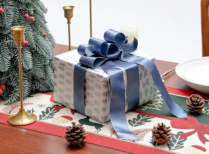 Dusty Blue Satin Wired Ribbon 1-1/2 Inch Double-Faced Sliver Glitter Christmas Ribbons for Wreath, Tree Decoration, Gift Wrapping, Home Decor 10 Yards