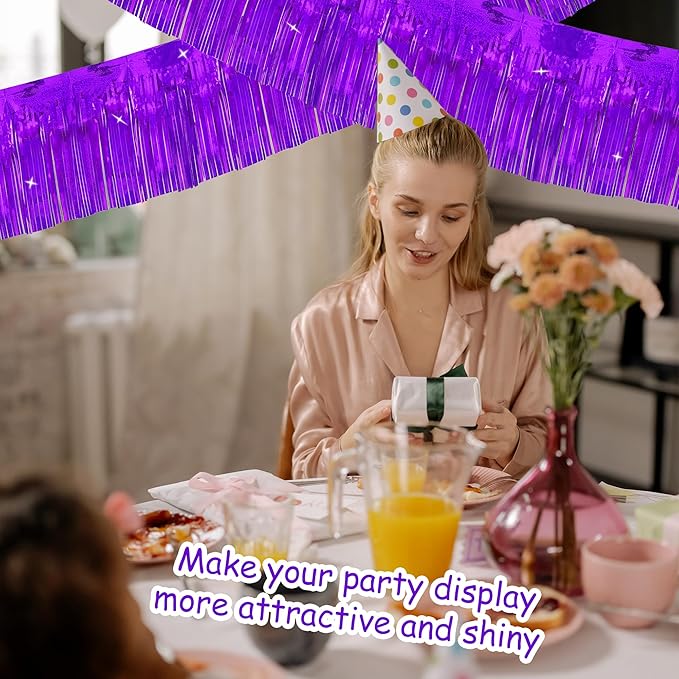 4 Pack 10 Feet Glitter Purple Parade Float Decorations for Trailer Car, Glitter Foil Fringe Metallic Tinsel Streamers Banner Garland for Graduation Homecoming Birthday Party (Glitter-Purple)