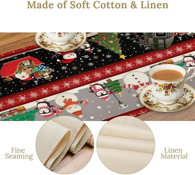 Christmas Table Runner,Cartoon Snowman Tree Xmas Deer Elk Santa Claus Print Tablecloth Burlap for Hotel Indoors Outdoor Dining Room Kitchen Home Decor,W13X L80 in