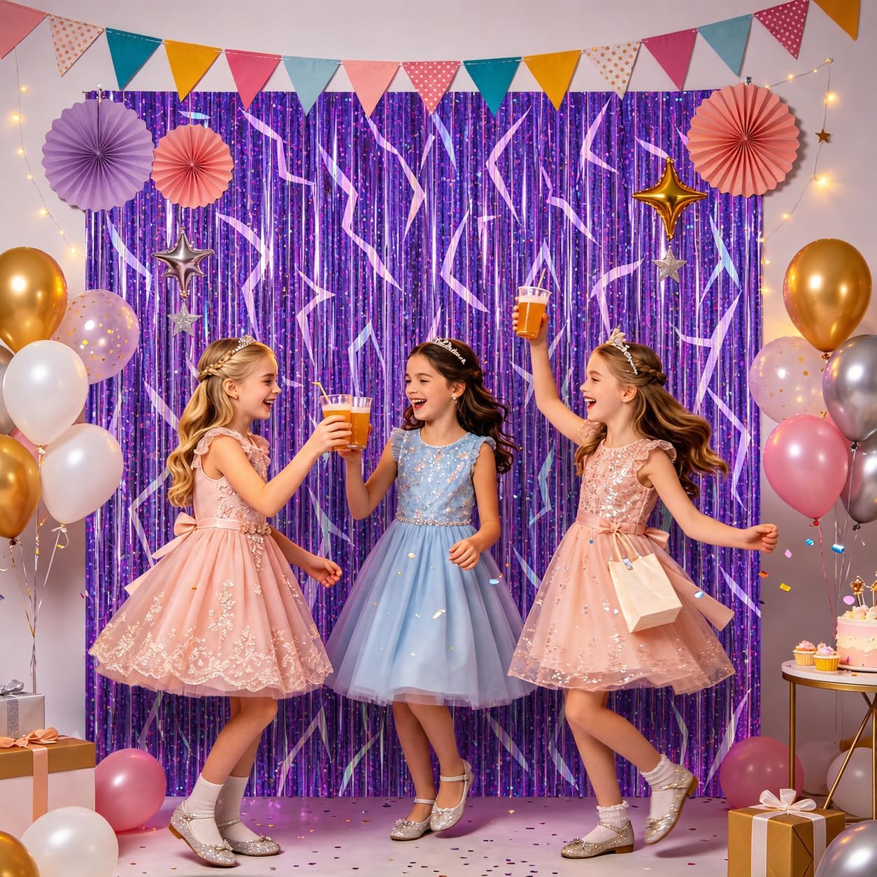 2 Pack K-STYL Purple Foil Fringe Curtains Party Decorations - 3.3 ft x 6.6 ft Energy Pattern Sparkling Holographic Laser Foil Curtain for Girls Disco Bachelorette Party Supplies