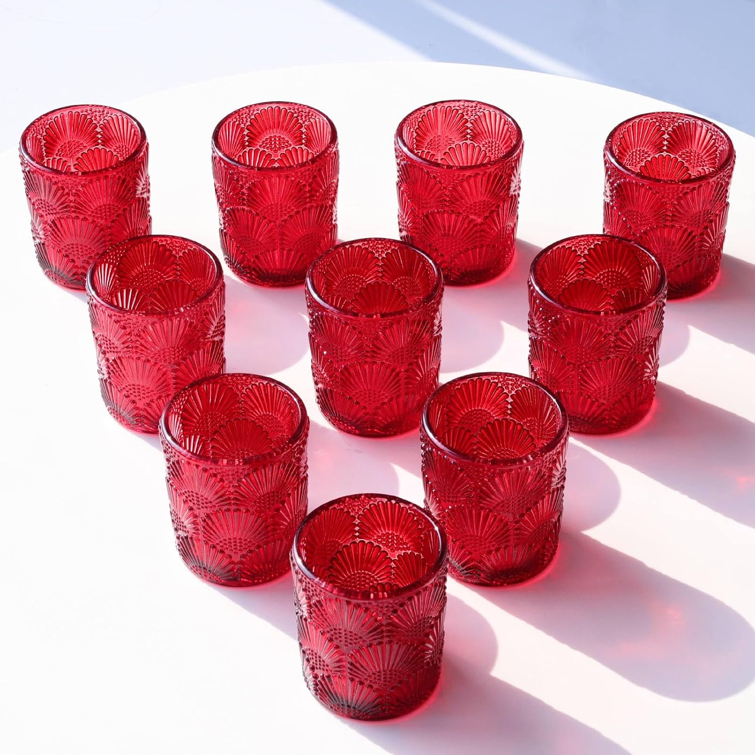 Woho Red Votive Candle Holders Set of 12 for Boho Wedding Table, Ginkgo Leaves Design Tealight Candle Holder Vintage for Christmas Decorations, Glass Tea Lights Candle Holder for Valentines Day Decor