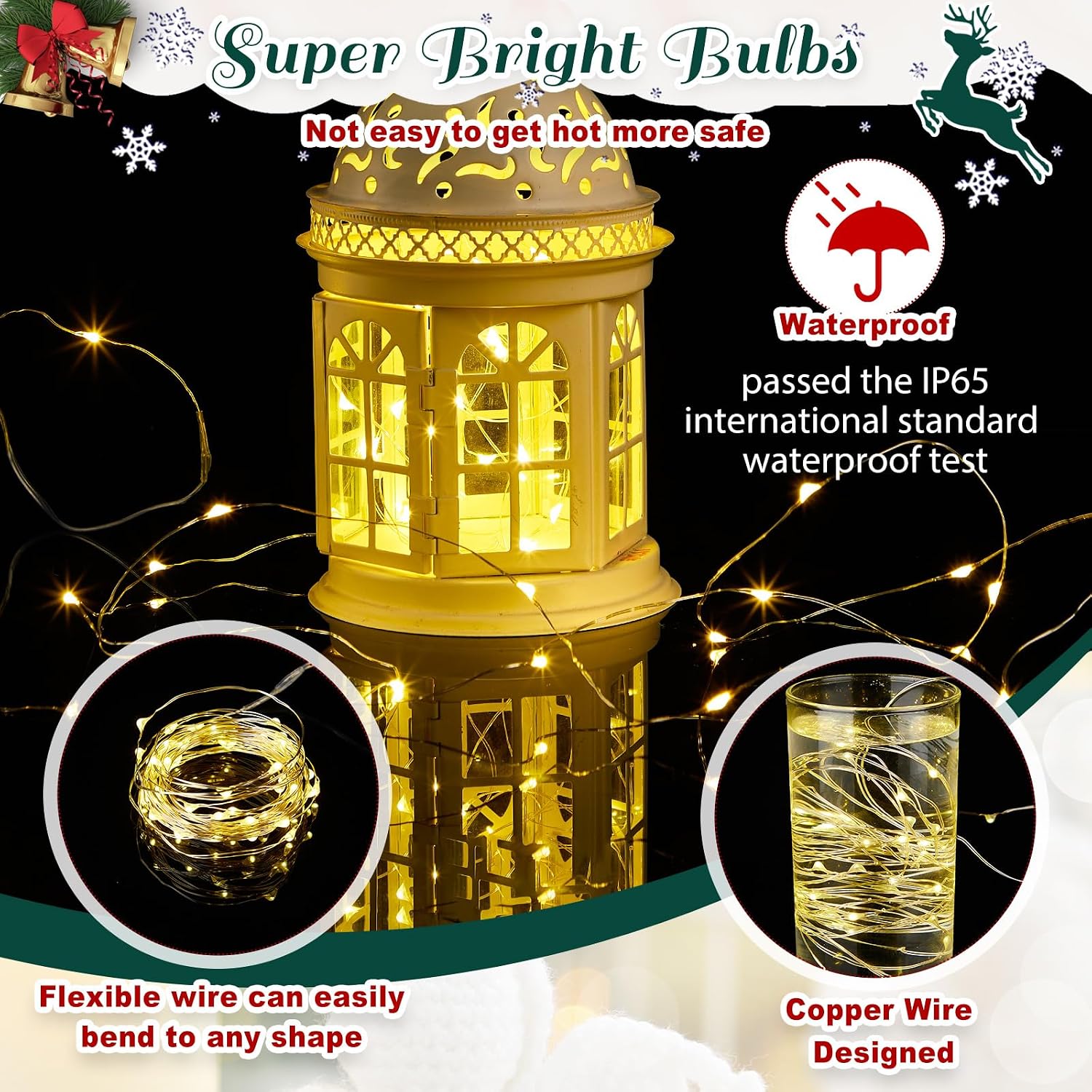 4 Pcs Christmas Table Centerpiece Decoration with 3 Christmas Candle Holders LED Fairy Lights String Lights Battery Operated Artificial Red Berries Pine Cones for Kitchen Indoor Home (Bright Style)