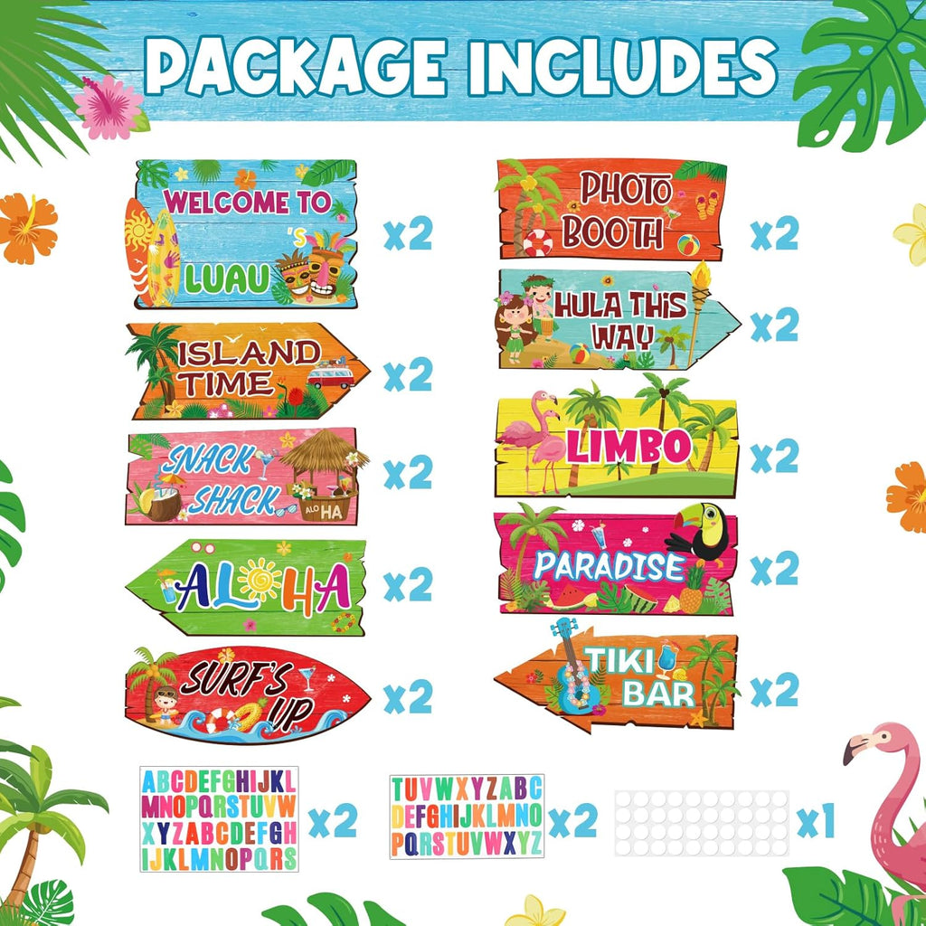 20 Pieces Luau Party Decorations Hawaiian Party Welcome Sign Summer Tropical Party Direction Signs for Fiesta Hawaiian Luau Tiki Themed Birthday Wedding Party Supplies with 2 Sheet Stickers