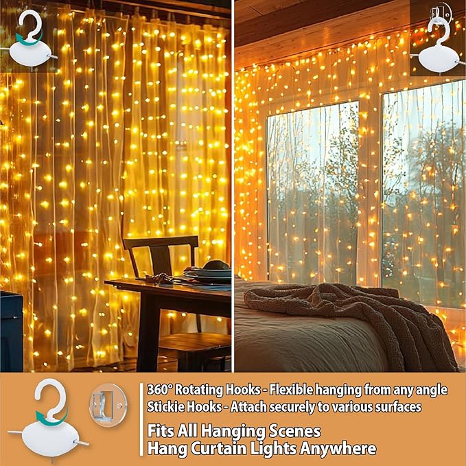 HXWEIYE 300LED Fairy Curtain Lights, 9.8x9.8Ft USB Plug-in 8 Modes Christmas String Hanging Lights with Remote for Bedroom Backdrop Wedding Party Indoor Wall Decor, Warm White