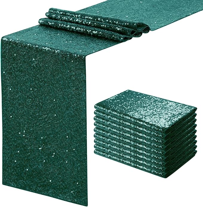 Sequin Table Runners 12 Pieces Emerald Green Table Runners 12x108 Inch Glitter Dining Table Cover for Party Wedding Birthday Reception Banquet Decoration Spring Party Chair Sashes