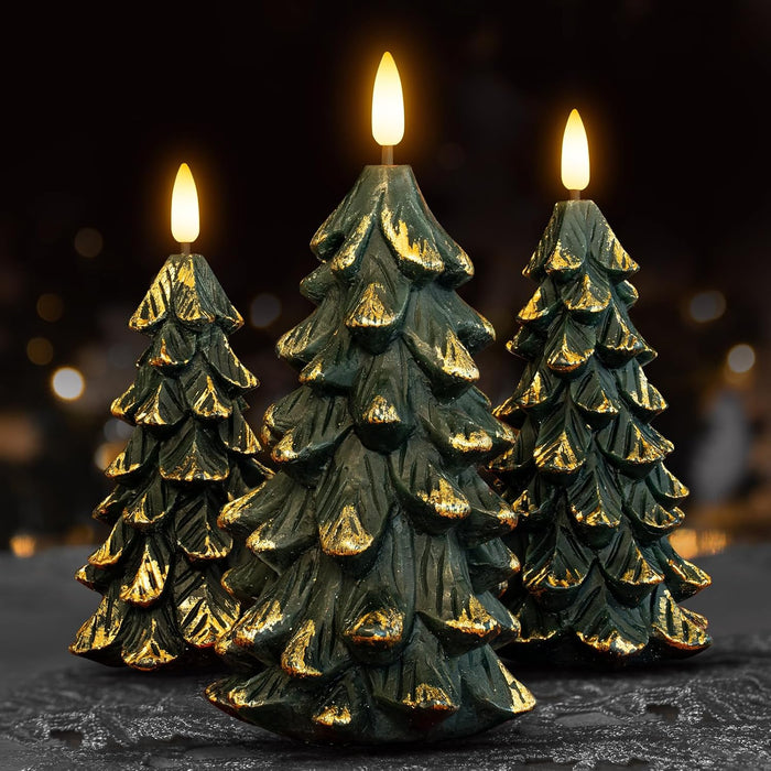 Green Christmas Tree Shaped Flameless Candles with Timer, Real Wax 3D Wick Flickering Battery Operated LED Candles for Christmas Home Party Decoration Set of 3