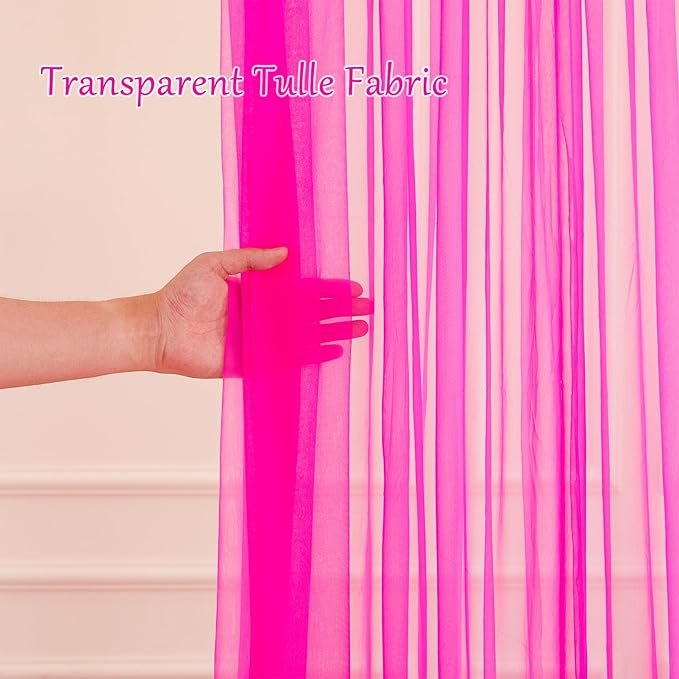 30×10ft Hot Pink Tulle Backdrop Curtain with Lights String for Parties, Sheer Photo Backdrop Curtains for Wedding Bridal Shower Party Photography Background