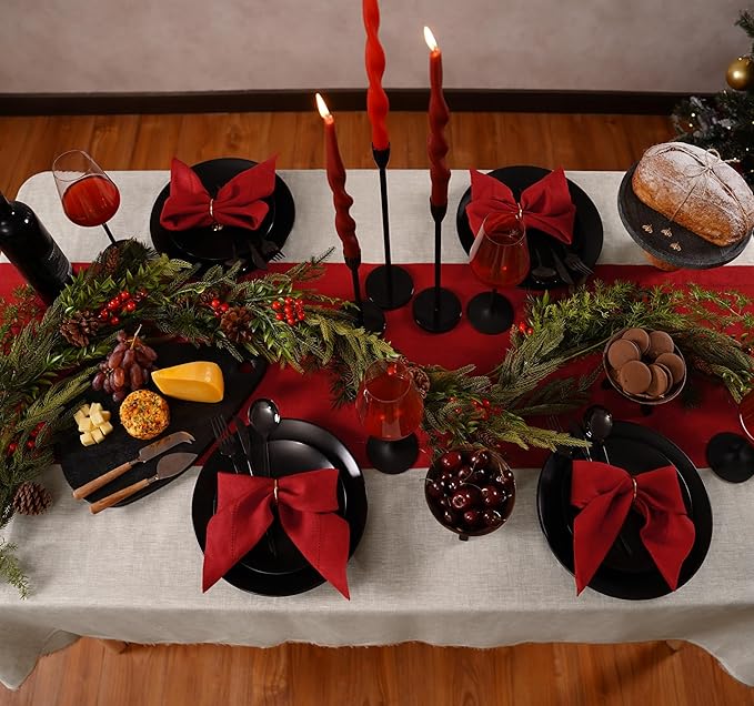Home Ekka 100% Pure Linen Red Table Runner 14 × 48 Inch – Small Hemstitch Christmas Table Runner – Cloth Fabric Runner for Thanksgiving, Winter & New Year Table Décor – Elara Collection