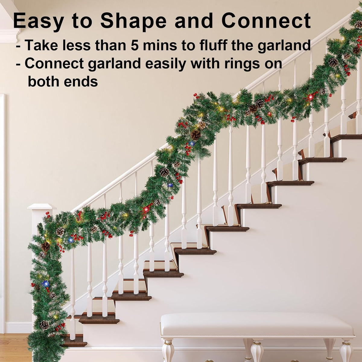 christmas garland with lights - 10ft waterproof battery on a desk or shelf