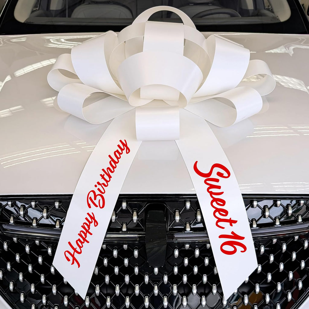 CarBowz Big Car Bow, Sweet 16 Happy Birthday, Giant 30" Bow, Non Scratch Magnet, Weather Resistant Vinyl White