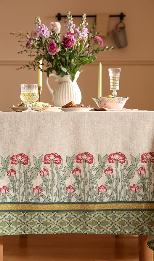 patdrea Designer Green Table Cloth for Square Table,Vintage Linen Leaves Pattern Breathable Tablecloth,Floral Cover Decor for Kitchen Dining Christmas,Thanksgiving,67"x67"-Cecilia D