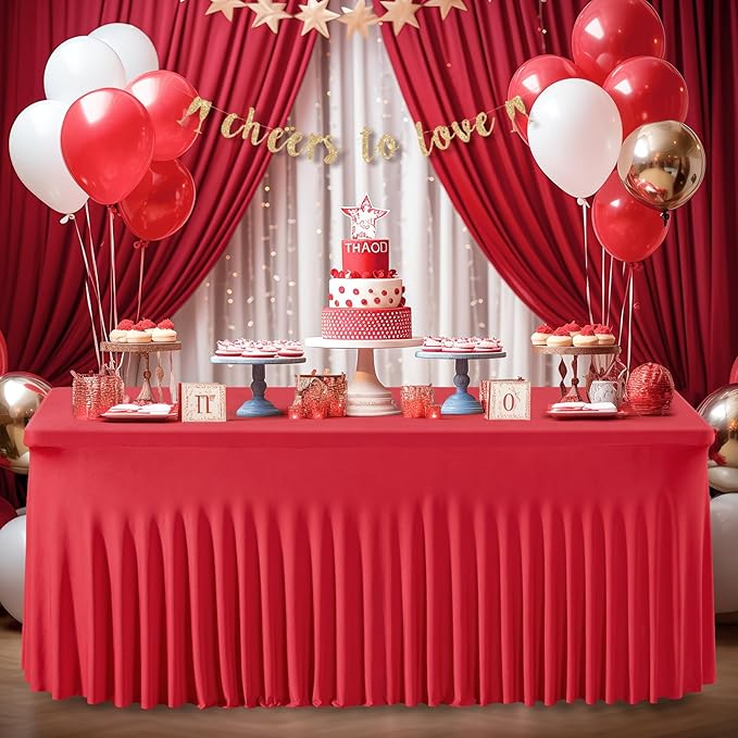 Wish Care 2 Pack Red Spandex Table Clothes for 4 Foot Rectangle Tables, 4FT Wrinkle Free Fitted Tablecloths Ruffles Design Stretch Table Cover for Party, Banquet, Wedding and Events