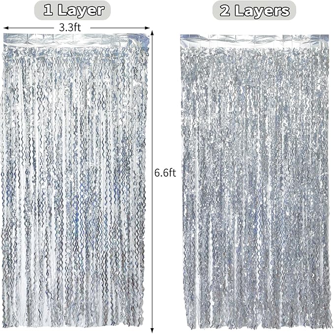 4 Pack 3.3 ft x 6.6 ft Silver Metallic Tinsel Foil Fringe Curtains - Door Streamers for Photo Booth Christmas Day Thanksgiving Wedding New Year Party Decorations