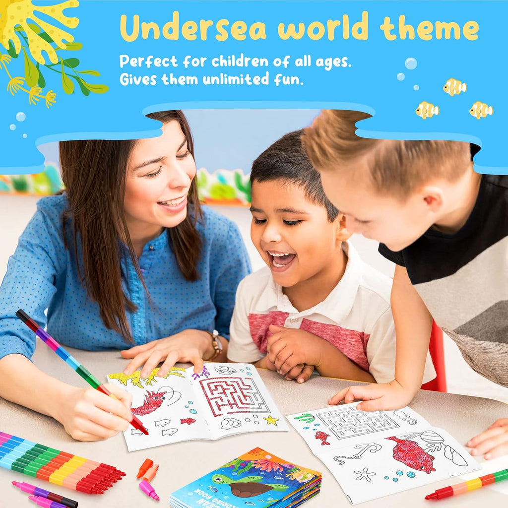 BenLouis 12 Under the Sea Mini Coloring Books Kids with 12 Stacking Crayons Ocean Animals Party Favors Small Activity Books Bulk for Kids Fish Birthday Party Gift Goodie Bag Stuffers
