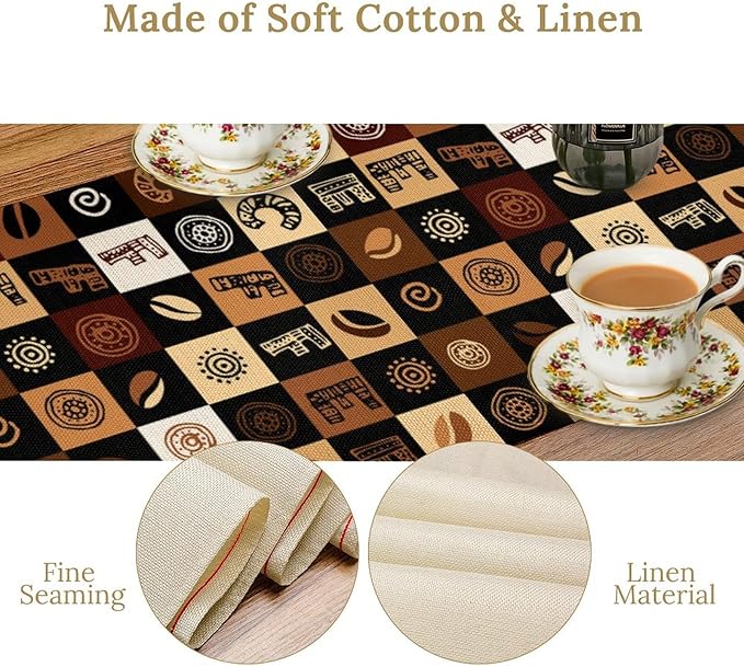 Coffee Theme Table Runner, Rustic Farmhouse Coffee Cup Latte Cappuccino Tea Party Cafe Table Center Decor for Home Kitchen Dining Patio Holiday Party Indoor Outdoor Table Decorations, 13"x108" Inch
