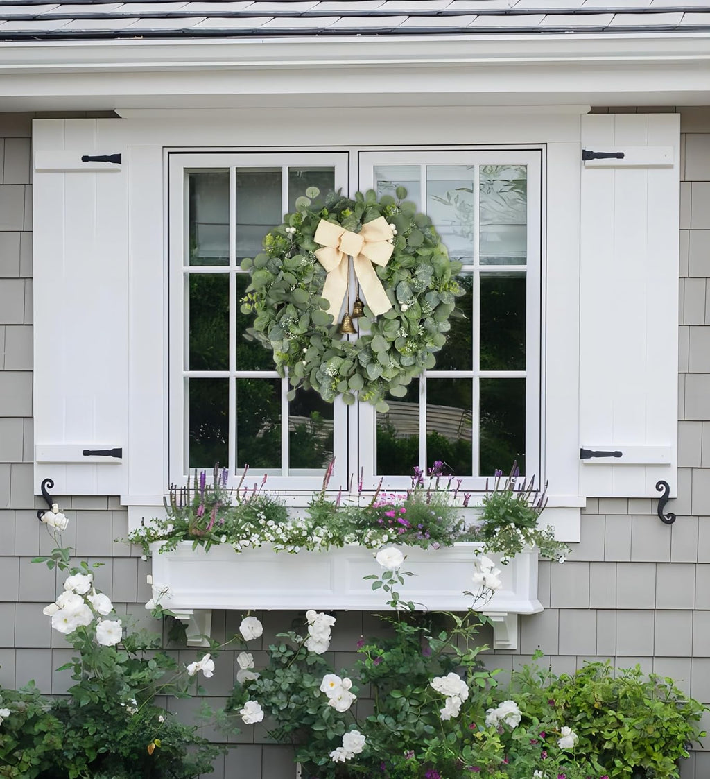 28 inch eucalyptus wreath with bells & bow showing dimensions