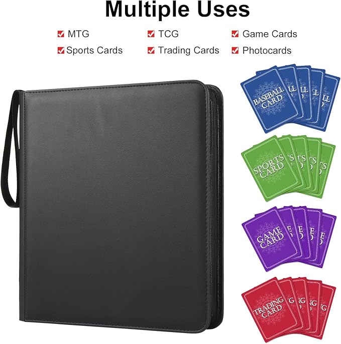 GEAoffice Trading Card Binder 12 Pocket Hold 720 Cards, Premium PU Cover Zipper Collection Binder, Ringless Sturdy Side Loading Card Album Folder for YuGiOh, MTG, TCG, Game & Sports, Non-PVC, Black