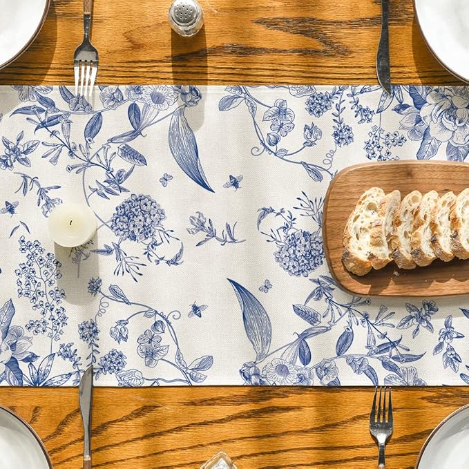 Artoid Mode Monochrome Sketch Birds and Flowers Spring Table Runner, Seasonal Summer Fall Kitchen Dining Table Decoration for Home Party Decor 13x60 Inch