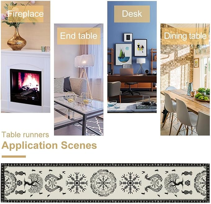 Ancient Abstract Pattern Table Runner, Tree of Life Eagle Dragon Boat Rudder Black and White Table Runner 13x108 Inch