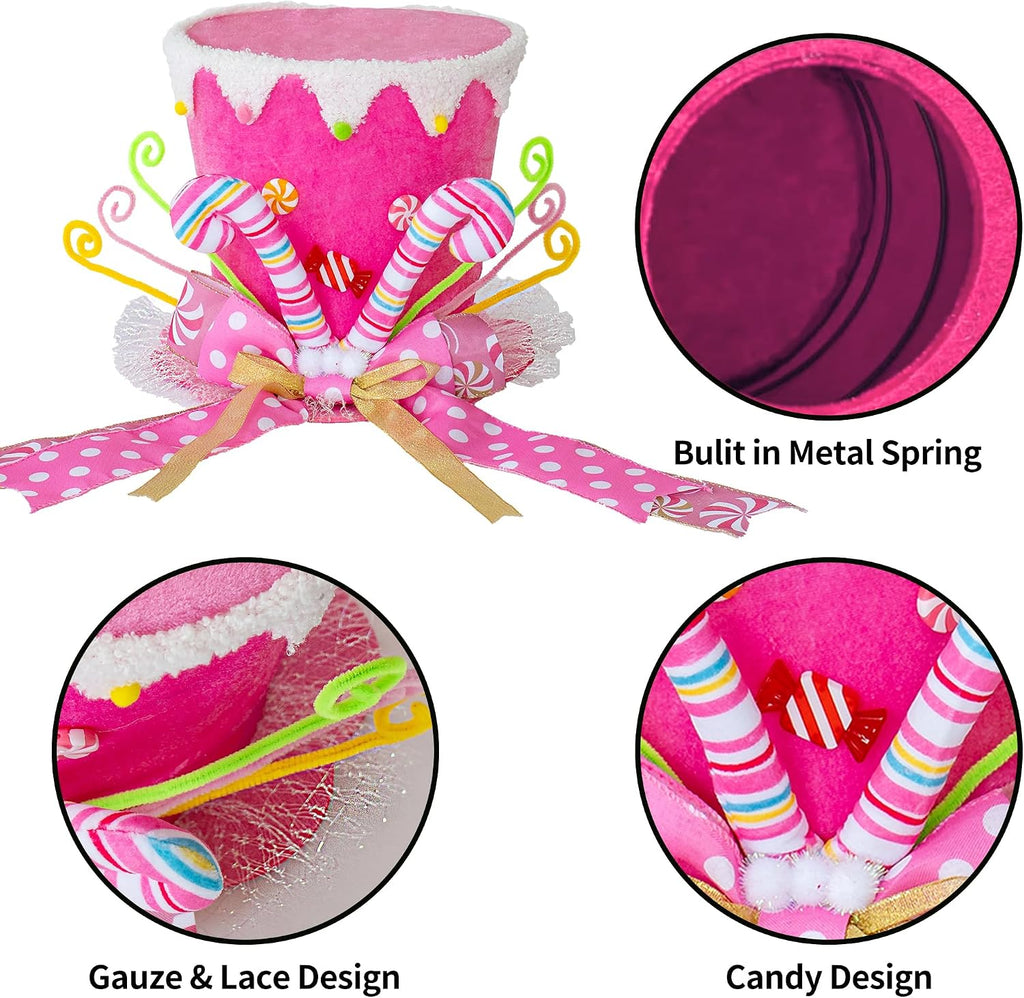Christmas Tree Topper Hat, Candy Canes Tree Topper, Pink Tree Topper Christmas Decorations with Bow Ribbon Christmas Tree Ornaments for Home Decor